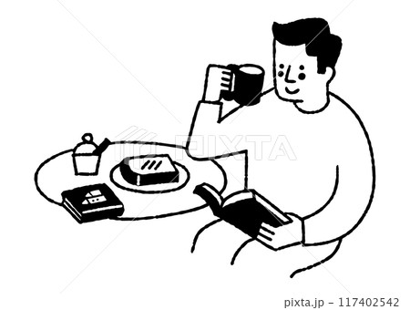 朝食を食べながら本を読む男性_2 朝食を食べながら本を読む男性_2 117402542