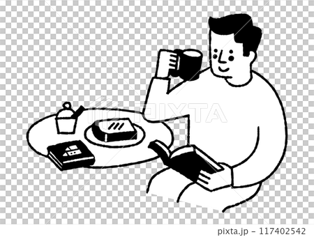 朝食を食べながら本を読む男性_2 朝食を食べながら本を読む男性_2 117402542