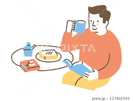 朝食を食べながら本を読む男性_色 朝食を食べながら本を読む男性_色 117402543
