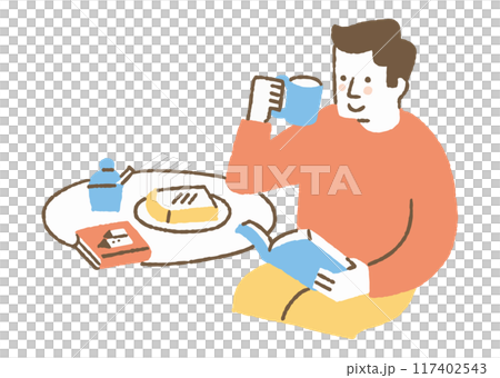 朝食を食べながら本を読む男性_色 朝食を食べながら本を読む男性_色 117402543