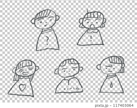 線画で描かれた、様子どもの手描き風イラストセット(モノクロ) 線画で描かれた、様子どもの手描き風イラストセット(モノクロ) 117403064