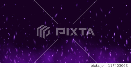 Purple flame with sparks, fire with flying cinder, abstract glowing embers, heat sparkles. 117403068