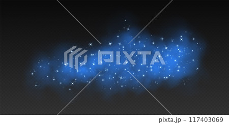 Blue magic smoke with stars and sparkles, fog with glowing particles, colorful vapor with star dust. 117403069