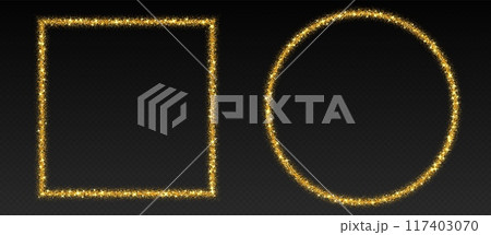 Golden glitter frames, shimmering borders in circle and square shapes, festive holiday sparkles 117403070