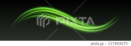 Glowing green light swirl with smooth, flowing curves. Light effect in motion concept. 117403075