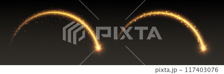 Shooting star light effect, magic arch with sparkles, glowing meteor with trail, shiny star in motion. 117403076