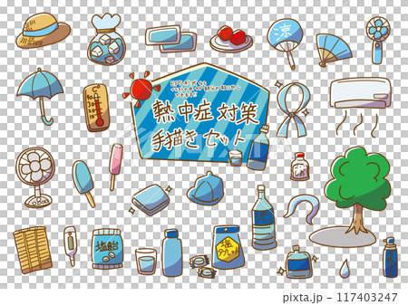 Heat stroke prevention set, hand-drawn, color 117403247