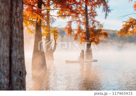 Silhouette of woman on stand up paddle board at lake with morning fog and fall trees Silhouette of woman on stand up paddle board at lake with morning fog and fall trees 117403415