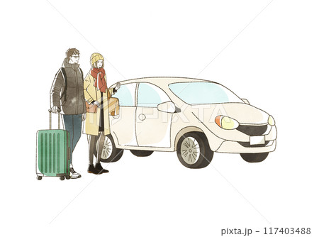 冬に車で旅行をする男女 117403488
