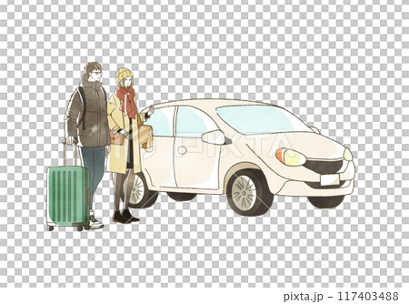 冬に車で旅行をする男女 117403488