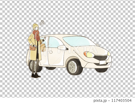 A woman with a troubled expression traveling by car in winter 117403504