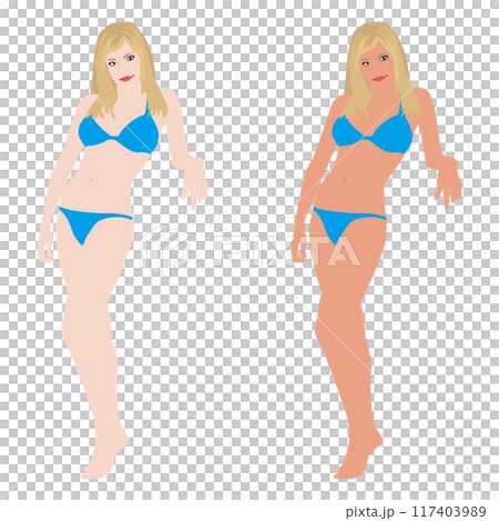 さまざまなポーズをしたリアルな若い女性の水着の日焼け前と後のイラストセット・ビキニ06 117403989