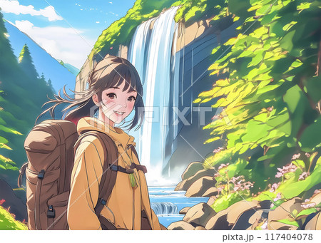 トレッキングを楽しむ若い女性のイラスト素材 117404078