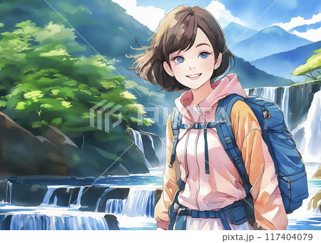 トレッキングを楽しむ若い女性のイラスト素材 117404079
