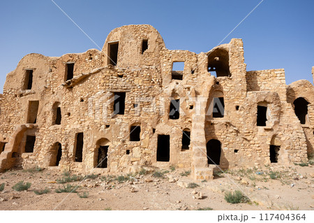 Uninhabited fortified village with houses and granaries, Tunisia. Ksar of Mgabla, Berber, Tataouine. 117404364