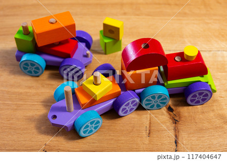 Colorful wooden train toy for preschool aged kids closeup 117404647