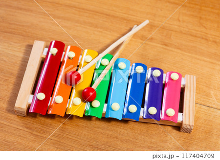 Kids xylophone with rainbow metal bars and wooden mallets 117404709
