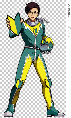 Anime illustration of a passionate novice hero holding a green leaf mark in his hand 117404872