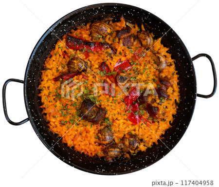 Traditional Valencian rice paella with snails Traditional Valencian rice paella with snails 117404958