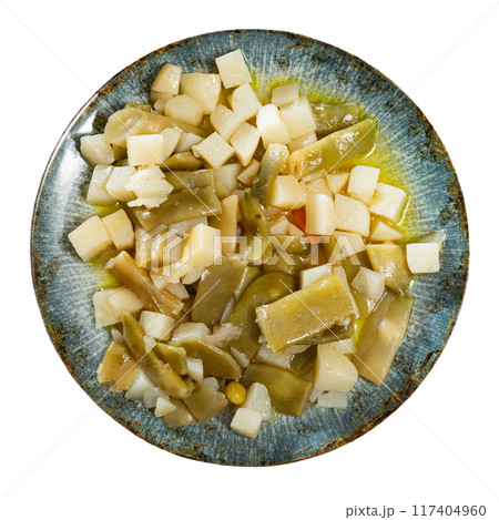 Plate contains light side dish of stewed vegetables - potatoes, green string beans, onions Plate contains light side dish of stewed vegetables - potatoes, green string beans, onions 117404960