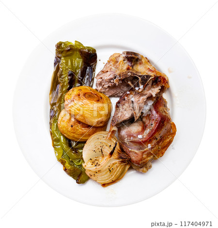 Fried fatty and juicy lamb and vegetable side dish of potato and bell pepper Fried fatty and juicy lamb and vegetable side dish of potato and bell pepper 117404971