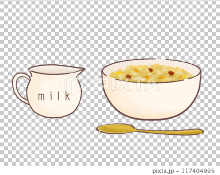 ボウルに入ったグラノーラとミルクのイラスト 117404995