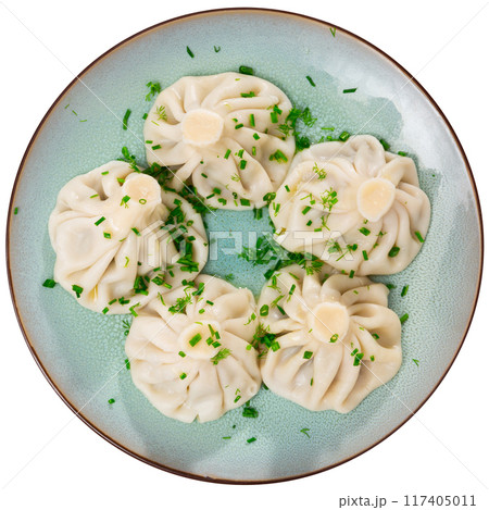 Boiled Khinkali dumplings sprinkled with chopped dill Boiled Khinkali dumplings sprinkled with chopped dill 117405011