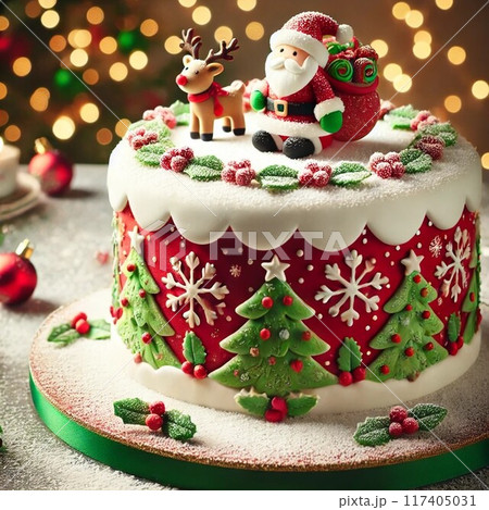 サンタとトナカイのクリスマスケーキのイラスト(AI生成) サンタとトナカイのクリスマスケーキのイラスト(AI生成) 117405031