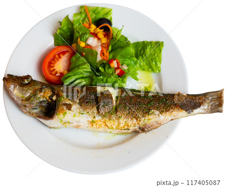 Grilled sea bass with fresh vegetable salad 117405087
