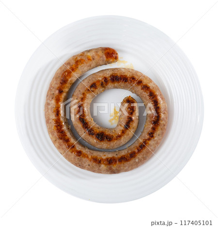 Fried pork sausage served on platter 117405101