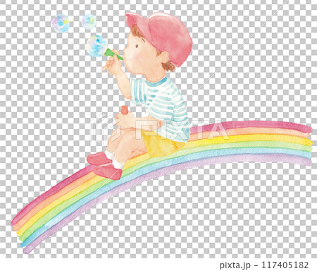 手繪水彩插圖，一個男孩坐在彩虹上吹肥皂泡 117405182