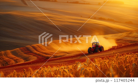 A tractor running through a contour field during the harvest season in Autumn, dusk time, golden color tone. AI generated. 117405244