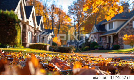 Worm eye's view of Autumn leaves on a front yard in neighborhood. AI generated. 117405251