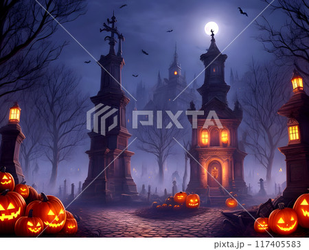 halloween in the city with pumpkin and dark night background halloween in the city with pumpkin and dark night background 117405583