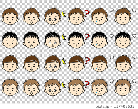 多個男孩各種面部表情的圖標集（顏色） 117405633