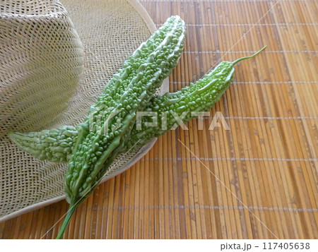 家庭菜園で収穫したニガウリ(ゴーヤ)の写真 117405638