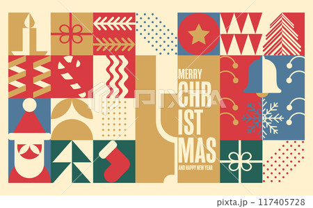 Christmas Bauhaus holiday geometric pattern. Merry Xmas wallpaper, banner, Celebration print or winter festive design cover. Retro Holiday vector ornament, fabric minimal Scandinavian modern shapes 117405728