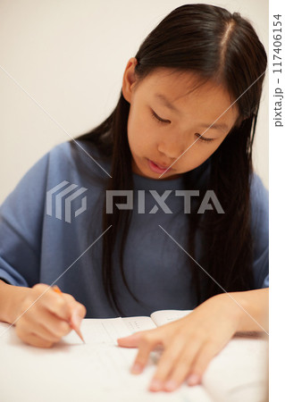 夏休みの小学生の女の子が楽しく宿題をする様子 117406154