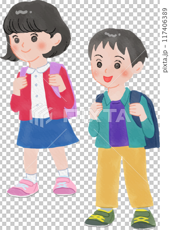 Watercolor painting of elementary school students on their way to school 117406389