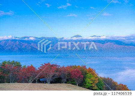 【雲海素材】秋の長峰山から見た松本平の雲海【長野県】 117406539
