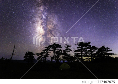 《愛媛県 瓶ヶ森》 瓶ヶ森テント場からの星空とテント 117407075