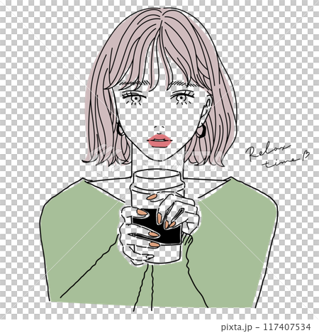 美麗的女人喝咖啡線畫透明背景 117407534