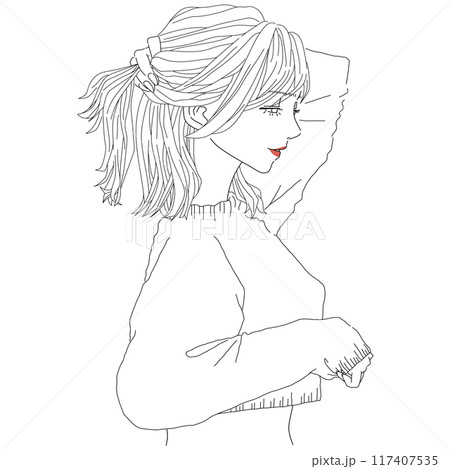 髪をかきあげる横顔の美しい女性 線画 髪をかきあげる横顔の美しい女性 線画 117407535