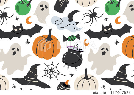 Halloween themed hand drawn seamless pattern, spooky colored ornament of pumpkins, witch hat, bats and cauldron icons, vector illustrations of Halloween party symbols on white background 117407628