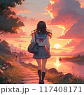 夕焼け空を下校する女の子 117408171