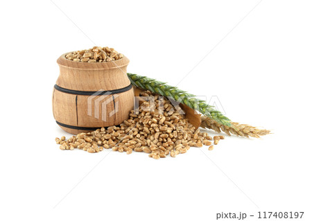 Wooden barrel filled with wheat grains near wheat ears isolated on white background Wooden barrel filled with wheat grains near wheat ears isolated on white background 117408197
