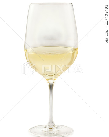 Lenox Tuscany Classics Chardonnay glass, elegant pulled stem, wide bowl, buttery golden wine, gentle ripples, soft shadows, minimalist composition, pure white background 117408493