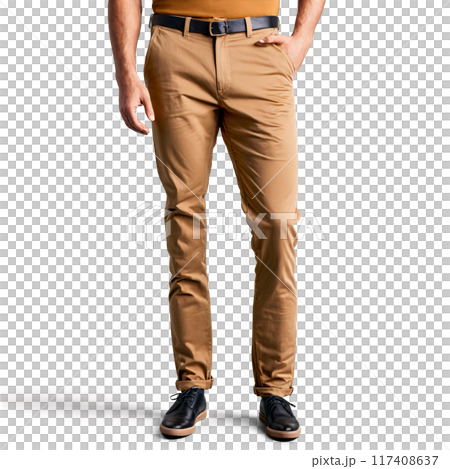 Stylish twill chino pants in British khaki with a slim fit and cuffed ankles suspended 117408637