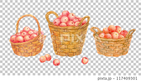 Set of isolated watercolor baskets filled with ripe red apples. Hand drawn wicker panniers with handles full of fresh fruits crop. Harvesting time. Farm organic food. Watercolor vintage illustration 117409301