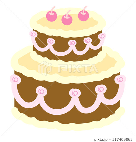 Two layered cakes with cherry for patches, plush toy, doll, sweet dessert, card, food, cafe, restaurant, menu, recipe, baking book, print, social media post, clip art, birthday cake, celebration, logo 117409863